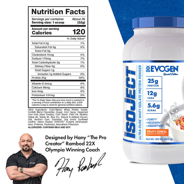 Evogen | IsoJect | Whey Isolate Protein Powder| Fruity Cereal Flavor | Nutrition Facts Panel 