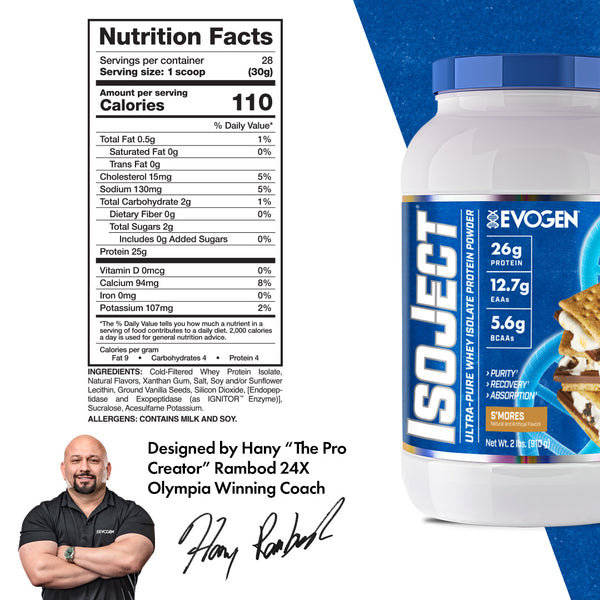 Evogen | IsoJect | Whey Isolate Protein Powder| S'mores Flavor | Nutrition Facts Panel Image
