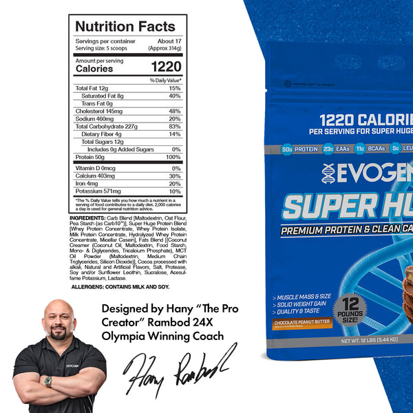 Evogen | Super Huge | Mass Gainer | Chocolate Peanut Butter | Nutrition Facts Panel Image #1