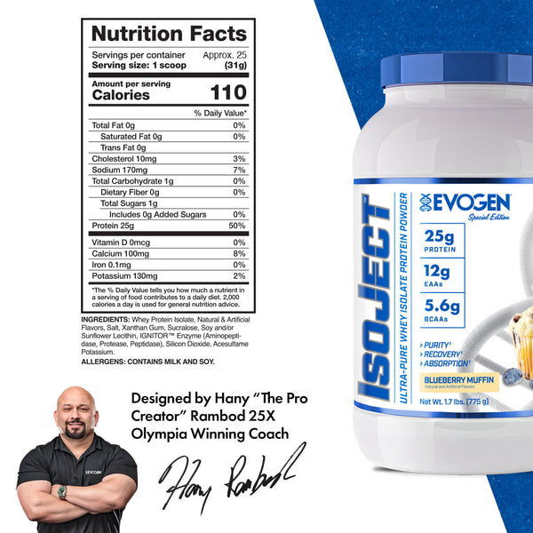 Evogen | IsoJect | Whey Isolate Protein Powder| Blueberry Muffin Flavor | 25 serve | Nutrition Facts Panel Image