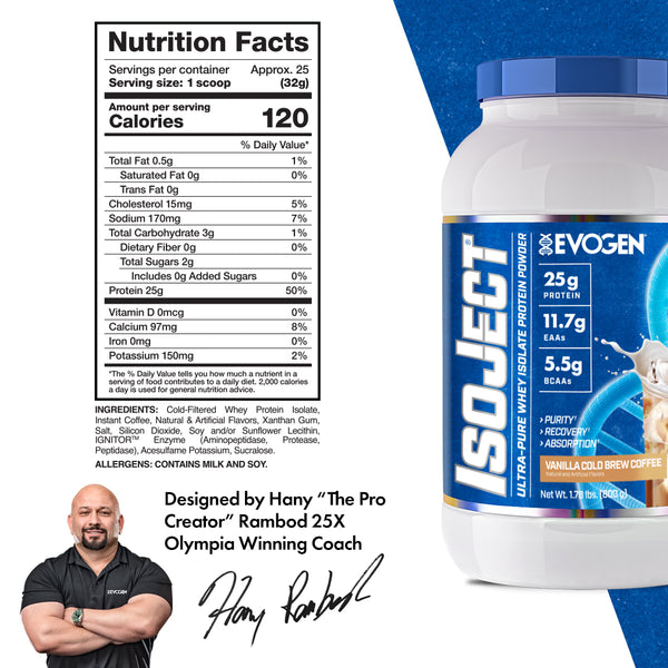 Evogen | IsoJect | Whey Isolate Protein Powder| Vanilla Cold Brew Coffee Flavor | 25 serve | Nutrition Facts Panel Image