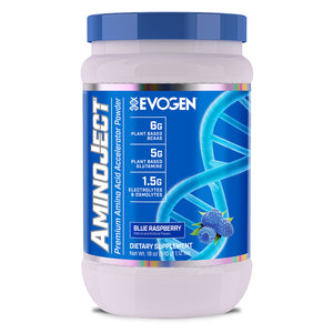 Evogen | AminoJect | Premium Amino Acid Accelerator Powder | Blue Raspberry Flavor | Front Image Bottle