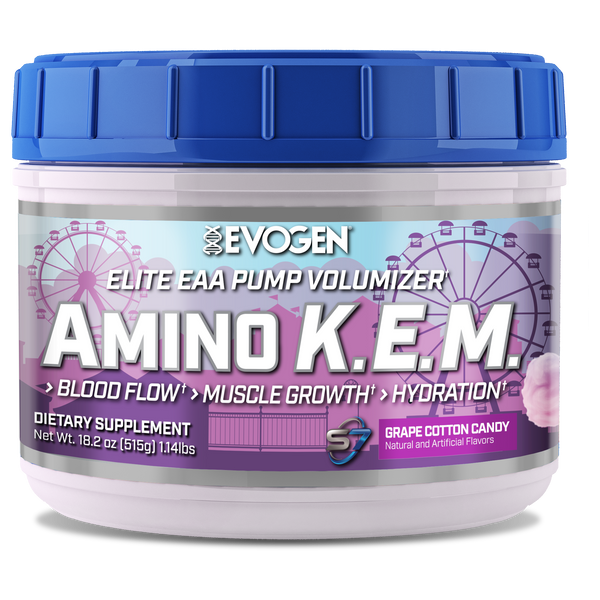 Evogen | Amino K.E.M. | Elite EAA Pump Volumizer Powder | Grape Cotton Candy Flavor | Front Image Bottle