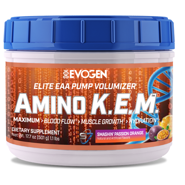 Evogen | Amino K.E.M. | Elite EAA Pump Volumizer Powder | Smashin' Passion Orange Flavor | Front Image Bottle