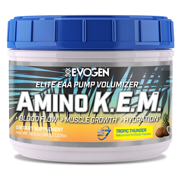 Evogen | Amino K.E.M. | Elite EAA Pump Volumizer Powder | Tropic Thunder Flavor | Front Image Bottle