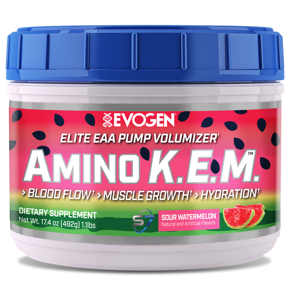 Evogen | Amino K.E.M. | Elite EAA Pump Volumizer Powder | Sour Watermelon Flavor | Front Image Bottle