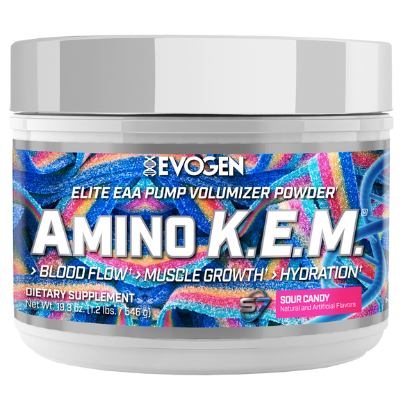 Evogen | Amino K.E.M. | Elite EAA Pump Volumizer Powder | Sour Candy Flavor | Front Image Bottle