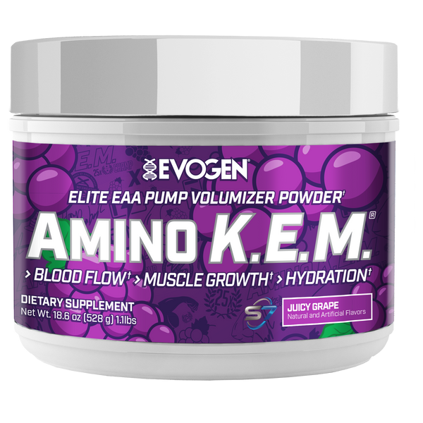 Evogen | Amino K.E.M. | Elite EAA Pump Volumizer Powder | Juicy Grape Flavor | Front Image Bottle