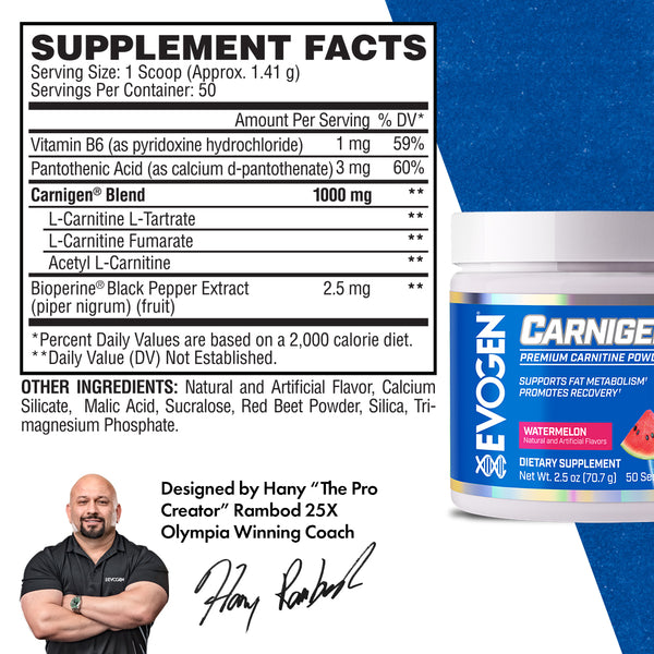 Evogen |  Carnigen | L-Carnitine blend Powder | Watermelon Flavor | Supplement Fact Panel Image