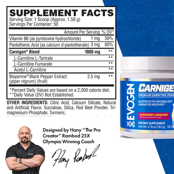 Evogen |  Carnigen | Carnitine Powder | Raspberry Lemonade Flavor | Supplement Fact Panel Image