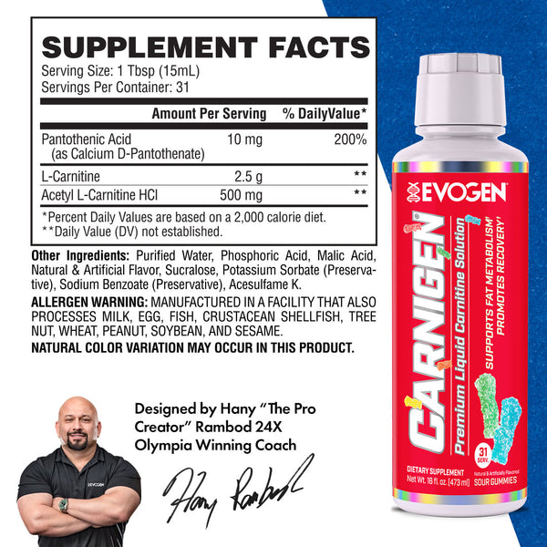 Evogen | Carnigen Liquid Carnitine | Sour Gummies Flavor | Supplement Facts Panel #1