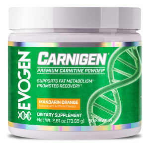 Evogen |  Carnigen |  Carnitine Powder | Mandarin Orange Flavor | Synthetic Sweetener and Flavor Free | Front Image Bottle