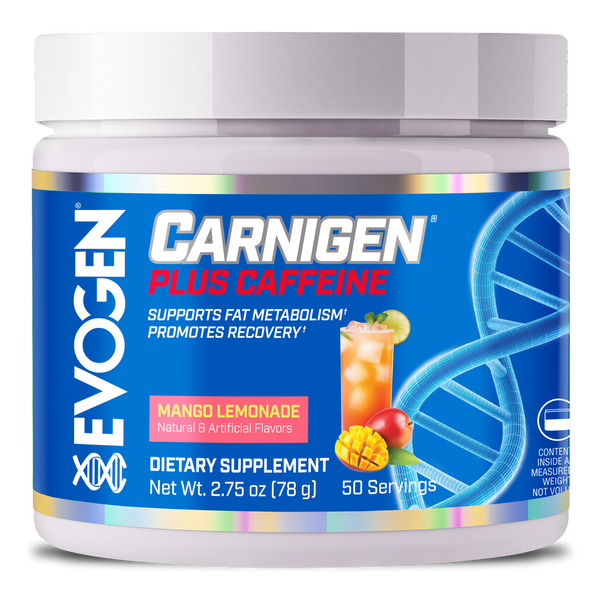 Evogen | Carnigen Plus Caffeine | Carnitine Powder | Mango Lemonade Flavor | Front Image Bottle