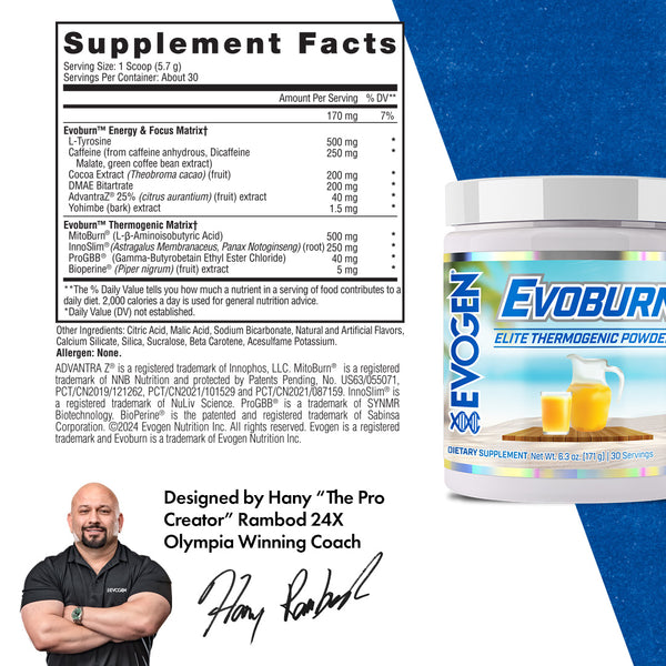 Evogen | Evoburn | Elite Thermogenic Powder | New Product | Orange Sunrise Flavor | Supplement Facts Panel 