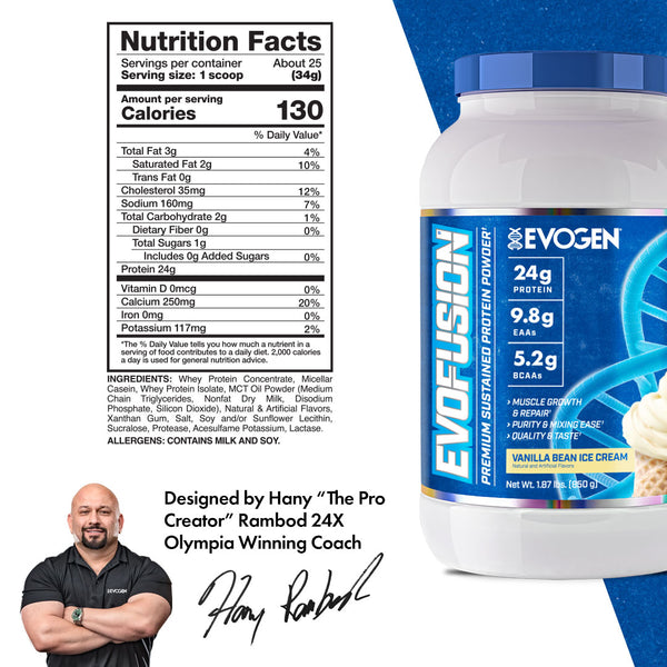Evogen | Evofusion | Sustained Protein Blend Powder | Vanilla Bean Ice Cream Flavor | Nutrition Facts Panel Image