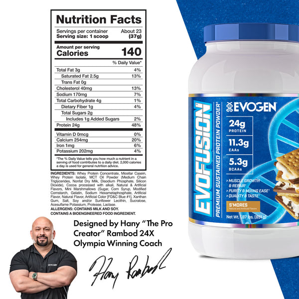Evogen | Evofusion | Sustained Protein Blend Powder | S'mores Flavor | Nutrition Facts Panel Image