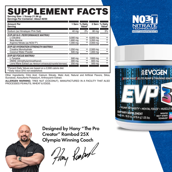 Evogen | EVP-3D | Non-Stimulant Pre-Workout Powder | Blueberry Apple Flavor | Supplement Facts Panel Image