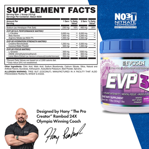 Evogen | EVP-3D | Non-Stimulant Pre-Workout Powder | Grape Cotton Candy Flavor |Supplement Facts Panel Image