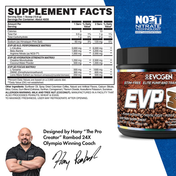 Evogen | EVP-3D | Non-Stimulant Pre-Workout Powder | Iced Mocha Coffee Flavor | Supplement Facts Panel Image