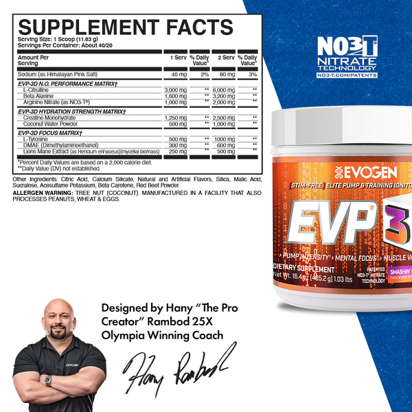 Evogen | EVP-3D | Non-Stimulant Pre-Workout Powder | Smashin' Passion Orange Flavor | Supplement Facts Panel Image