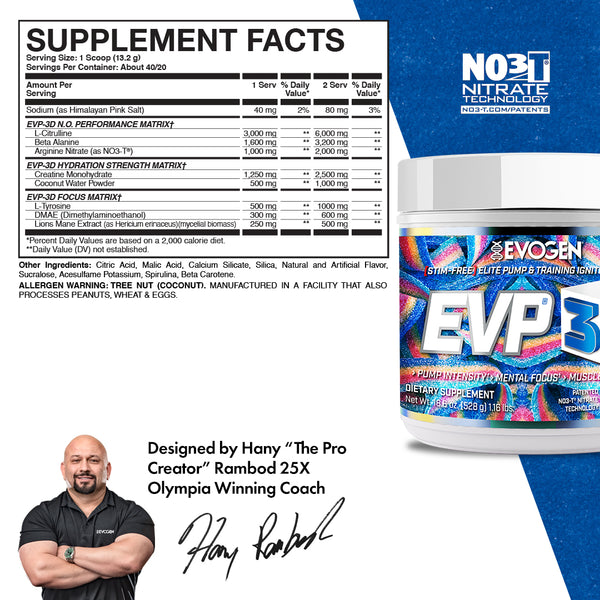 Evogen | EVP-3D | Non-Stimulant Pre-Workout Powder | Sour Candy Flavor | Supplement Facts Panel Image