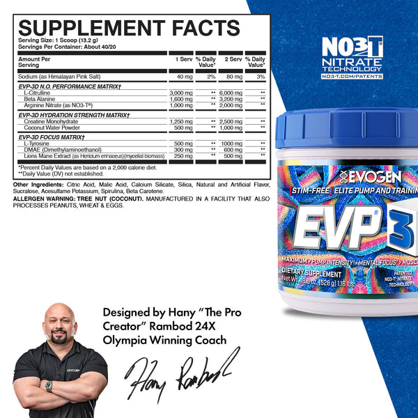 Evogen | EVP-3D | Non-Stimulant Pre-Workout Powder | Sour Candy Flavor | Supplement Facts Panel Image