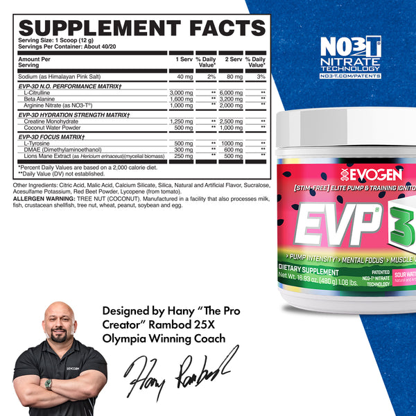 Evogen | EVP-3D | Non-Stimulant Pre-Workout Powder | Sour Watermelon Flavor | Supplement Facts Panel Image