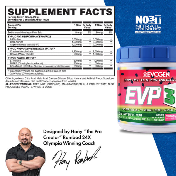 Evogen | EVP-3D | Non-Stimulant Pre-Workout Powder | Sour Watermelon Flavor | Supplement Facts Panel Image