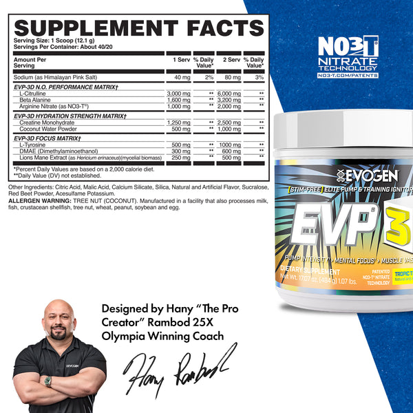 Evogen | EVP-3D | Non-Stimulant Pre-Workout Powder | Tropic Thunder Flavor | Supplement Facts Panel Image