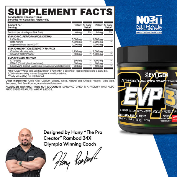 Evogen | EVP-3D | Non-Stimulant Pre-Workout Powder | Victory Punch Flavor | Supplement Facts Panel Image