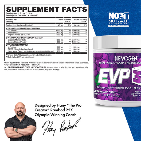 Evogen | EVP-3D | Non-Stimulant Pre-Workout Powder | Juicy Grape Flavor |Supplement Facts Panel Image