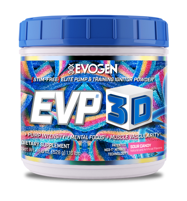 Evogen | EVP-3D | Non-Stimulant Pre-Workout Powder | Sour Candy Flavor | Front Image Bottle