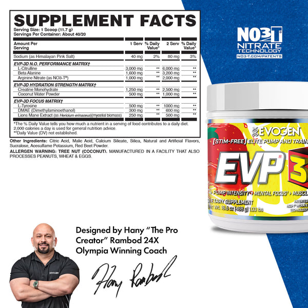 Evogen | EVP-3D | Non-Stimulant Pre-Workout Powder | NEW Strawberry Lemonade Flavor | Supplement Facts Panel Image