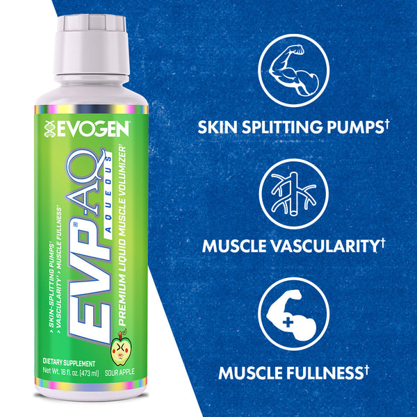 Evogen | EVP AQ (Aqueous) | Liquid Muscle Volumizer | Sour Apple | Vegetable Glycerol | Betaine | S7™ NO Blend | Product Call Outs