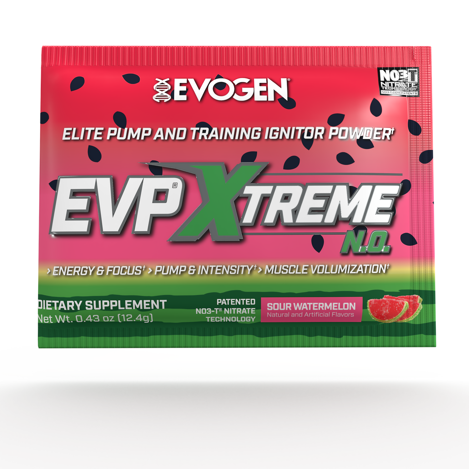 #flavor_sour watermelon | Evogen | EVP Xtreme N.O. Travel Packet | Pre-Workout Powder | Stimulant | Arginine Nitrate | Sour Watermelon Flavor | Front Image Packet