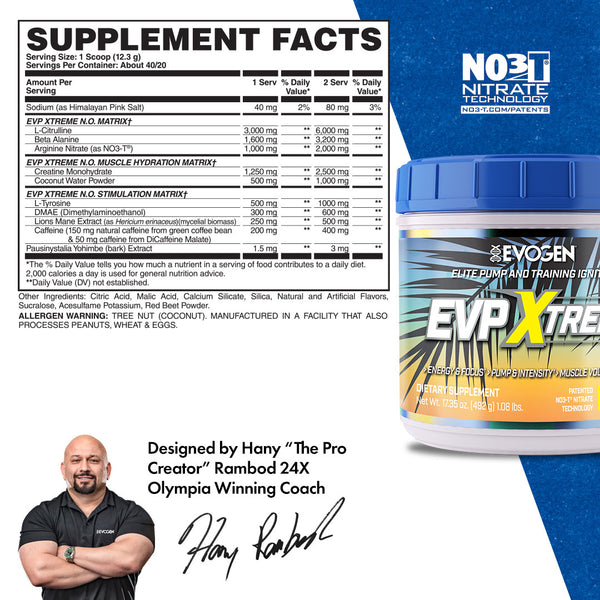 Evogen | EVP Xtreme N.O. | Pre-Workout Powder | Stimulant | Arginine Nitrate | Tropic Thunder Flavor | Supplement Facts Panel Image
