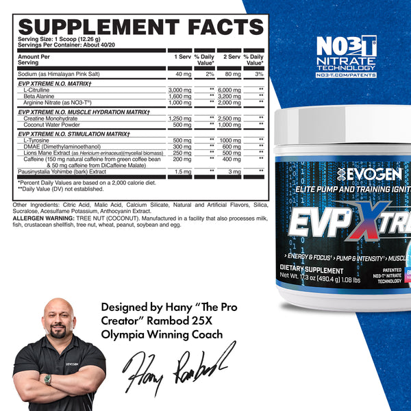 Evogen | EVP Xtreme N.O. | Pre-Workout Powder | Stimulant | Arginine Nitrate | Blueberry Apple Flavor | Supplement Facts Panel Image