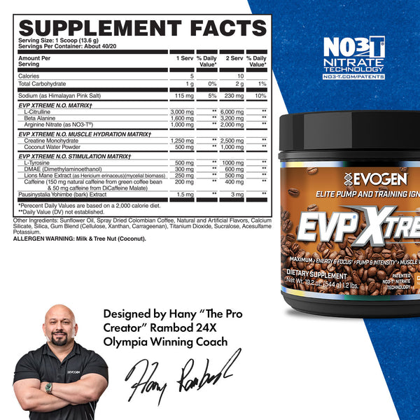 Evogen | EVP Xtreme N.O. | Pre-Workout Powder | Stimulant | Arginine Nitrate | Caramel Frappe Flavor | Supplement Facts Panel Image