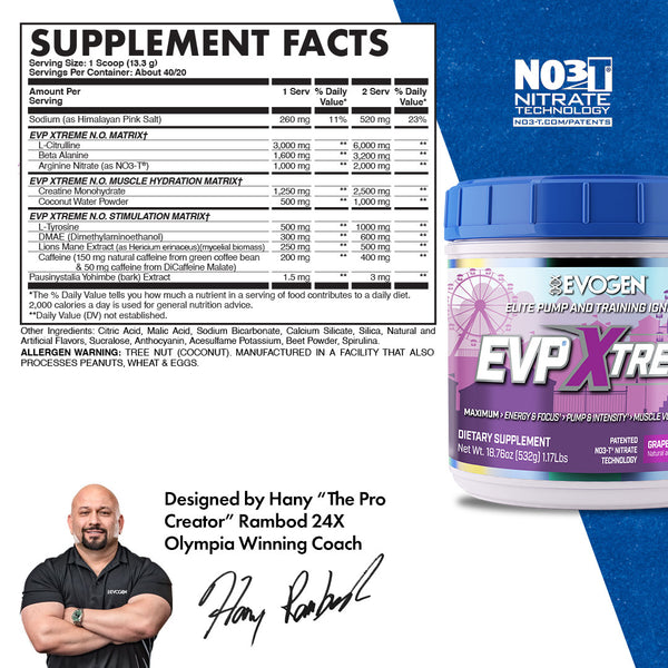 Evogen | EVP Xtreme N.O. | Pre-Workout Powder | Stimulant | Arginine Nitrate | Grape Cotton Candy Flavor | Supplement Facts Panel 