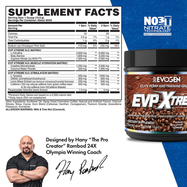 Evogen | EVP Xtreme N.O. | Pre-Workout Powder | Stimulant | Arginine Nitrate | Iced Mocha Coffee Flavor | Supplement Facts Panel Image
