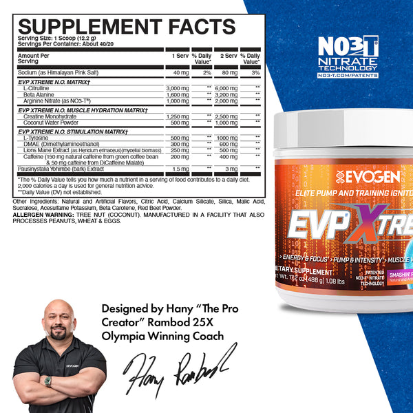 Evogen | EVP Xtreme N.O. | Pre-Workout Powder | Stimulant | Arginine Nitrate | Smashin' Passion Orange Flavor | Supplement Facts Panel Image