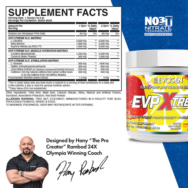 Evogen | EVP Xtreme N.O. | Pre-Workout Powder | Stimulant | Arginine Nitrate | New Strawberry Lemonade Flavor | Supplement Facts Panel Image