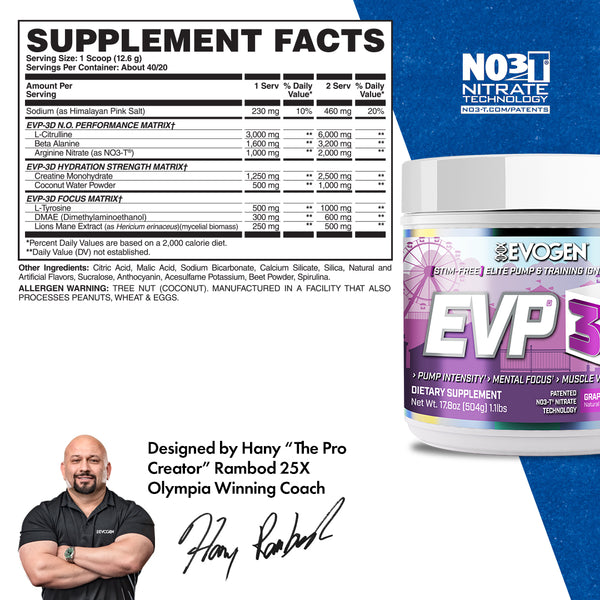 Evogen | EVP-3D | Non-Stimulant Pre-Workout Powder | Grape Cotton Candy Flavor |Supplement Facts Panel Image