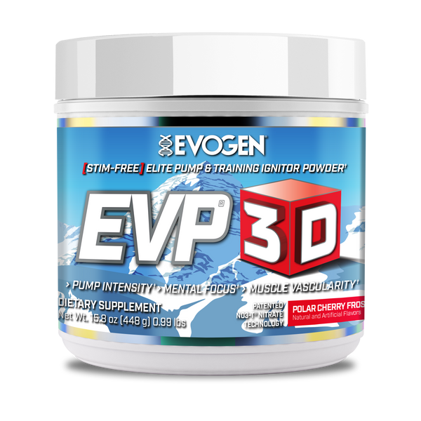Evogen | EVP-3D | Non-Stimulant Pre-Workout Powder | Polar Cherry Frost Flavor | Front Image Bottle