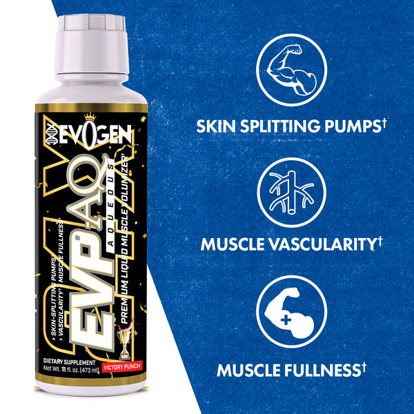 Evogen | EVP AQ (Aqueous) | Liquid Muscle Volumizer | Victory Punch Flavor | Vegetable Glycerol | Betaine | S7™ NO Blend | Product Call Outs
