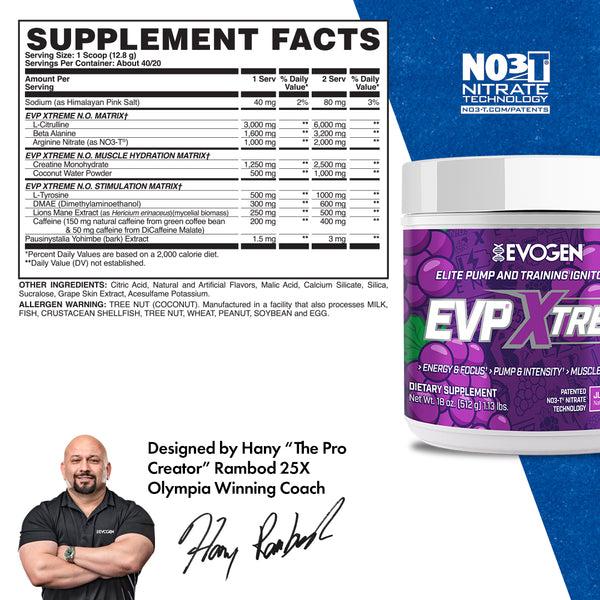 Evogen | EVP Xtreme N.O. | Pre-Workout Powder | Stimulant | Arginine Nitrate | Juicy Grape | Panel Image