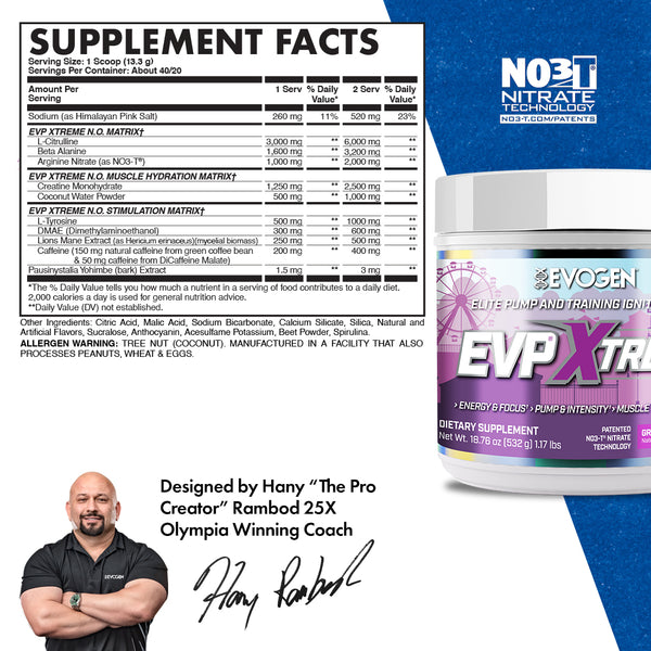 Evogen | EVP Xtreme N.O. | Pre-Workout Powder | Stimulant | Arginine Nitrate | Grape Cotton Candy Flavor | Supplement Facts Panel Image