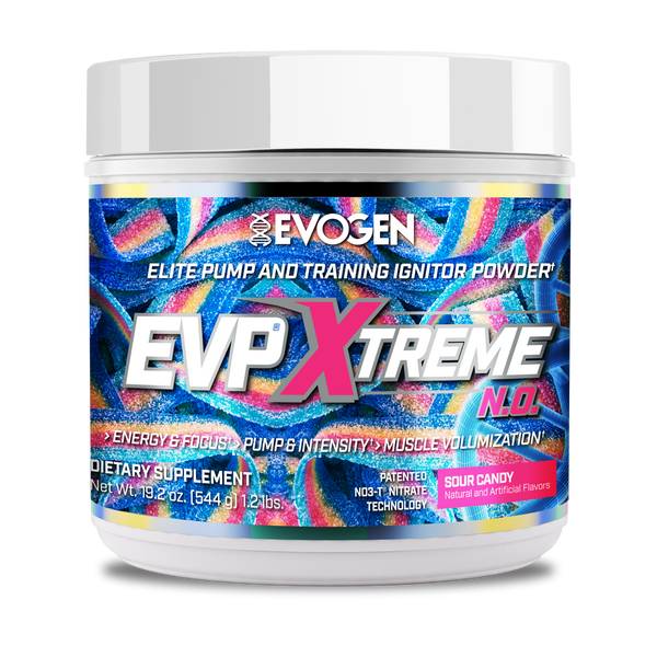 Evogen | EVP Xtreme N.O. | Pre-Workout Powder | Stimulant | Arginine Nitrate | Sour Candy Flavor | Front Image Bottle