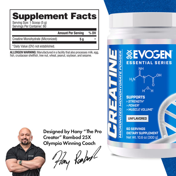 Evogen | Micronized Creatine Monohydrate Powder | Unflavored | Supplement Facts Panel