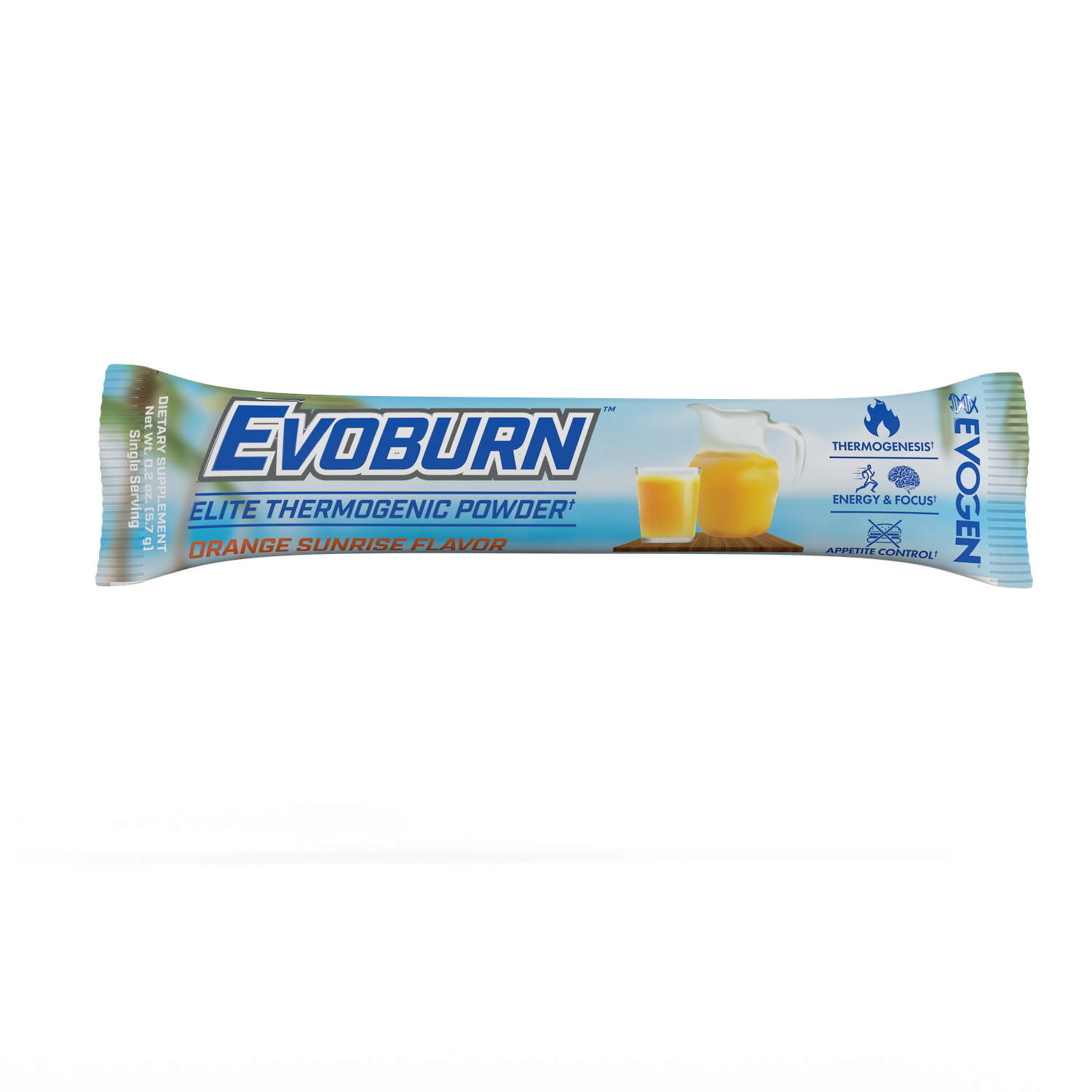 Evogen | Evoburn Travel Packet | Elite Thermogenic Powder | Orange Sunrise Flavor | Front Image Packet